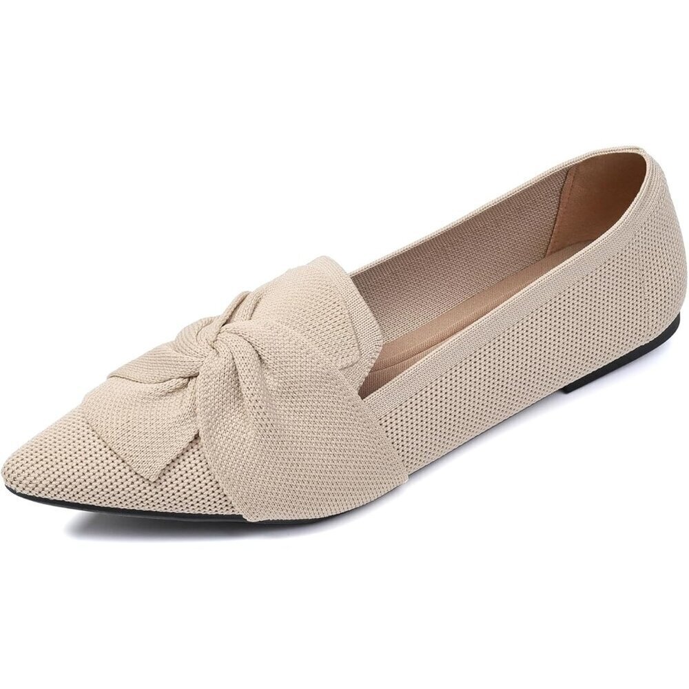 Women's Bow Comfortable Pointed Toe Ballet Flats With Knit Dressy Flats Apricot